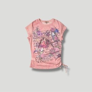 Vintage Y2K Lei Sheer Pink Mesh Asymmetrical Ruched Art Nouveau Graphic Top XL